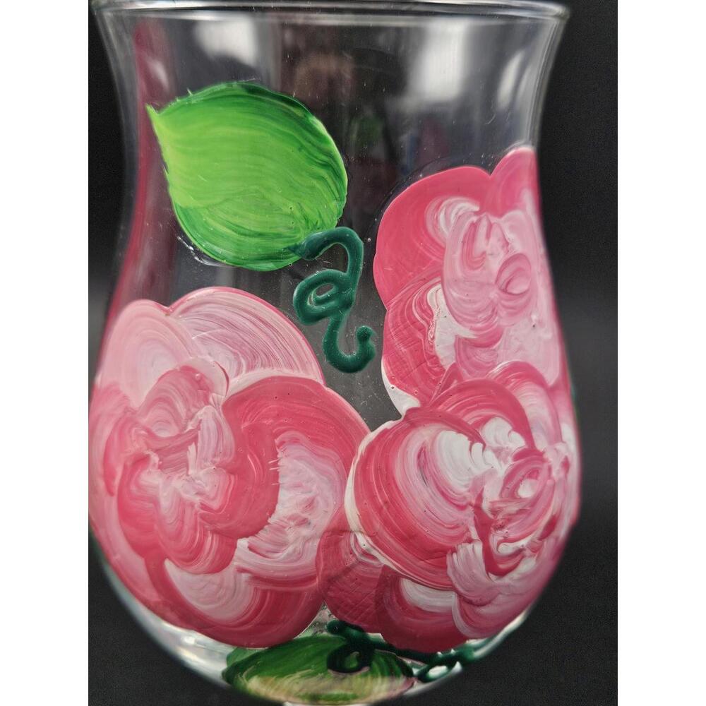 Set of 2 Vintage Hand Painted Pink Floral Wine Glasses Tulip Flared Rim 6.5" - Picture 3 of 15